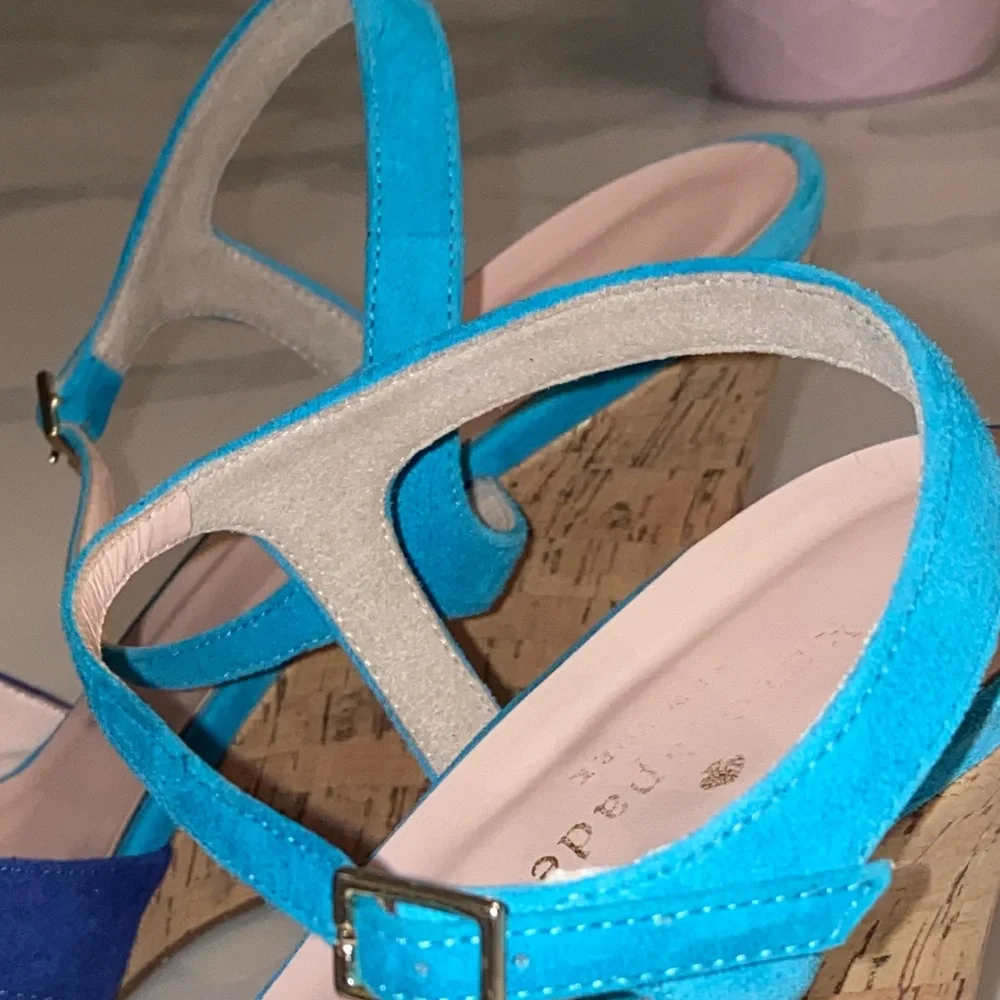 kate spade Blue Multi Suede Cork Wedge Sandals